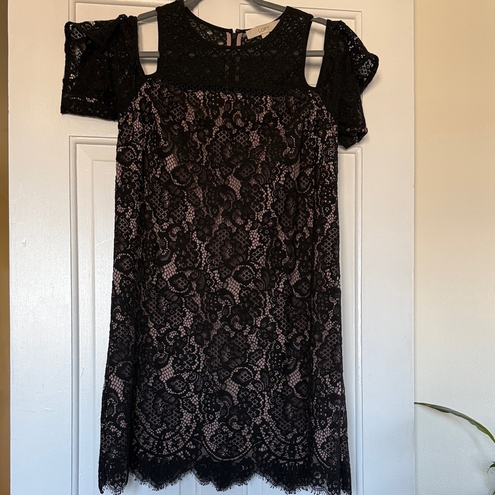 LOFT Black Lace Cold-Shoulder Dress with Nude Lining